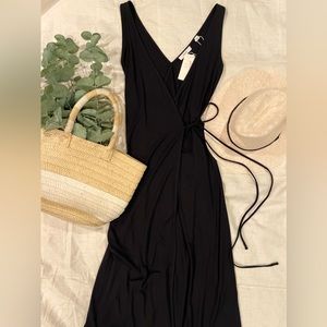 Vince Midi Jersey Wrap Dress | Ties at Waist | V-neck | Black | Size S | NWT